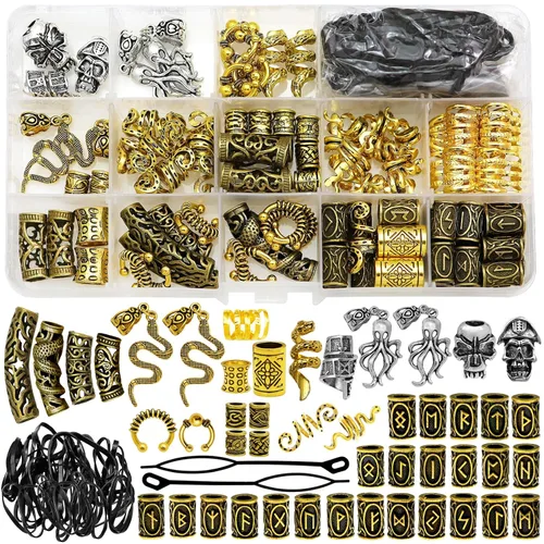 207 piezas de joyería para cabello vikingo, cuentas de runas nórdicas en tubo, kit de accesorios para trenzas, rastas, barba, locs, clips metálicos,