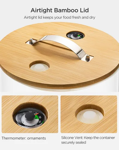 Miniatura 3 de HBlife Dispensador de arroz de vidrio de 5 a 7 libras con soporte de madera, contenedor de harina y cereales con taza medidora de vidrio, despensa