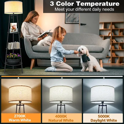 Miniatura 2 de Lámpara de Pie con Estantes, Lámpara de Pie Moderna con Bombillas LED de 3 Temperaturas de Color, Lámparas de Pie de Rincón para Sala de Estar