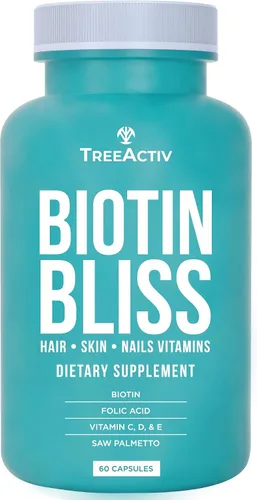 Biotin Bliss Skin Hair Nails Vitaminas + Saw Palmetto Suplemento Volumizador y Espesante Fórmula para Hombres Mujeres Folato MSM B Complejo para el