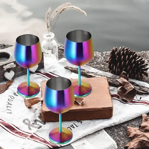 Miniatura 3 de Lifecapido Juego de 6 copas de vino de acero inoxidable, copas de vino coloridas de acero inoxidable de 18 onzas, copas de vino de metal con tallo