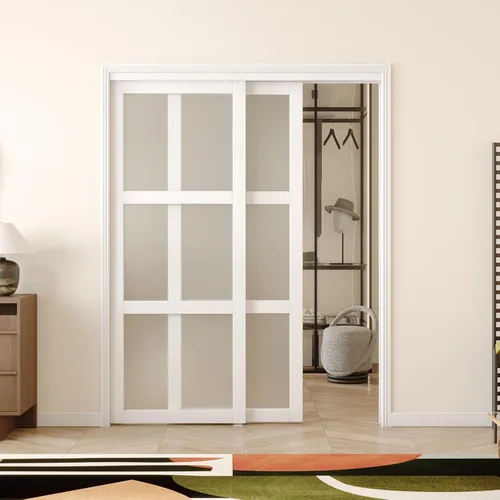 Miniatura 15 de Puerta corredera de armario, puerta corredera de diseño Doble-K, 60"×80" (doble 30"), herrajes incluidos, panel preperforado necesita ensamblar