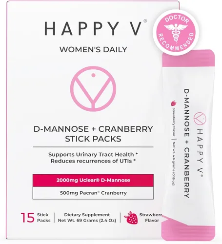 Happy V Paquetes de D-Mannose + Cranberry Stick | Suplemento de apoyo del tracto urinario formulado por Dr. | Suplementos de manosa D para mujeres –