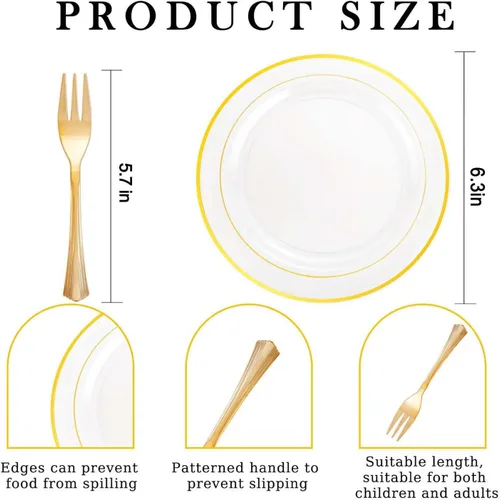 Miniatura 9 de DaYammi 240 platos de postre que incluyen 120 platos dorados para pastel de 6.3 pulgadas con 120 tenedores de plástico dorado de 5.7 pulgadas