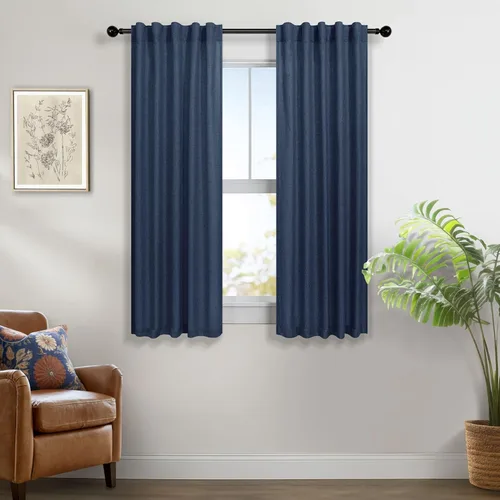 Miniatura 23 de Cortinas de lino azul de 84 pulgadas de largo para sala de estar; juego de 2 paneles con lengüeta trasera; cortinas con dobladillo para barra; Azul