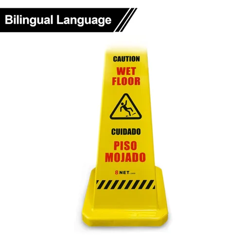 Miniatura 4 de Paquete de 3 conos húmedos de 36 pulgadas, color amarillo brillante de 36 pulgadas, letrero de precaución bilingüe de 4 lados, impresión de suelo