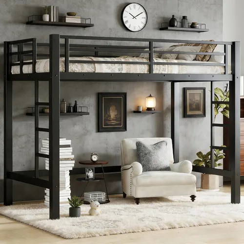 Cama alta individual con escaleras, cama alta de metal individual con tapones antivibraciones y reducción de ruido, cama alta resistente para