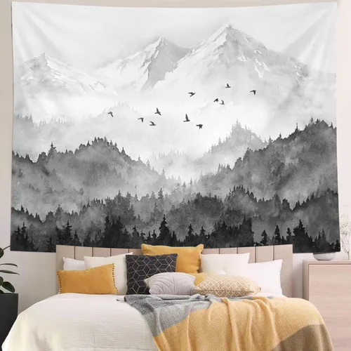 Miniatura 2 de kampdream Tapiz de bosque de montaña, tapiz de pared con diseño de árbol blanco y negro brumoso, paisaje de acuarela, tapiz de paisaje natural