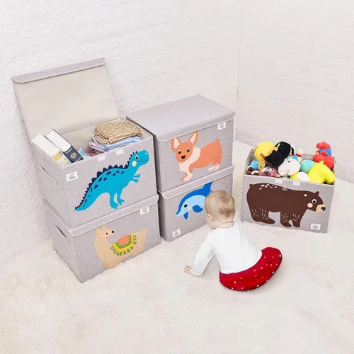 Miniatura 7 de Cofre plegable grande de juguetes para niños con tapa abatible, organizador de almacenamiento de juguetes de animales de tela plegable, contenedor