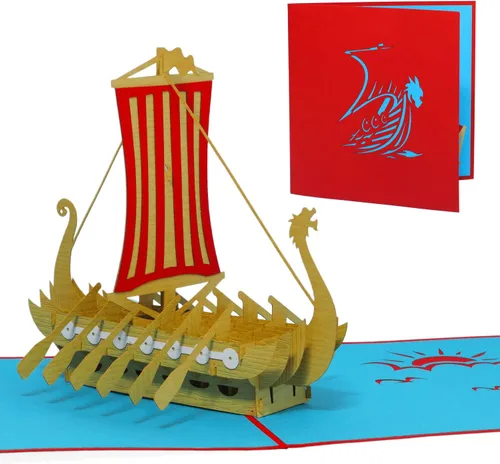 LIN Tarjeta de felicitación 3D desplegable para fanáticos de los vikingos o como tarjeta de regalo para un recorrido en barco, barco vikingo,