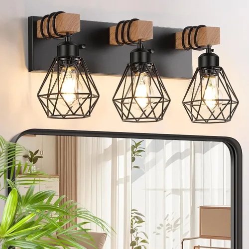 Miniatura 8 de FadimiKoo Aplique de pared de baño de madera de estilo rústico de 2 luces, accesorio de iluminación de tocador de granja para baño, lámpara de pared
