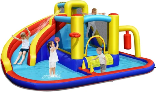 HONEY JOY Tobogán acuático inflable, parque acuático inflable gigante 7 en 1 para niños pequeños con piscina de salpicaduras, casa de rebote de agua