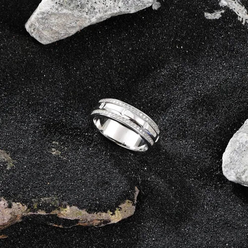 Miniatura 5 de Anillo de boda de oro blanco para hombre, plata de ley 925 con 13 circonitas cúbicas de corte redondo, anillo de compromiso para él, talla 7-14