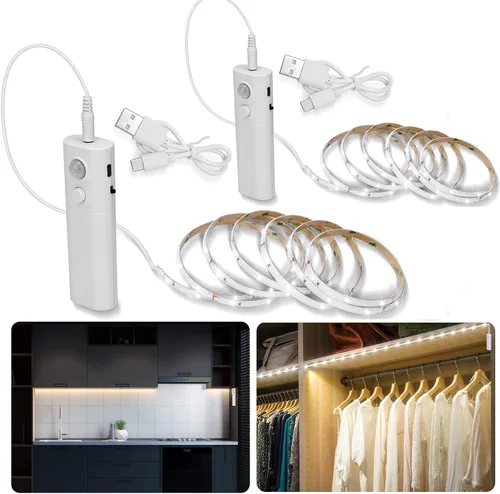 Miniatura 9 de LUXJET - Luz recargable con sensor de movimiento para armario, tira LED flexible de 1 m con 30 luces LED, sensor PIR y de luz, luz nocturna blanca