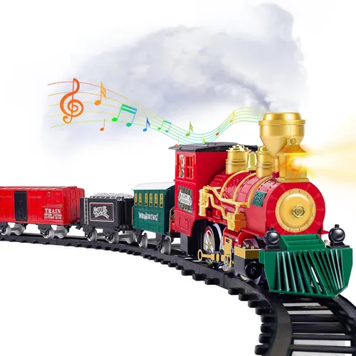 Juego de tren para niños con humo, luces y sonido, juego de tren para debajo del árbol de Navidad, tren de juguete eléctrico para regalos de 3, 4,