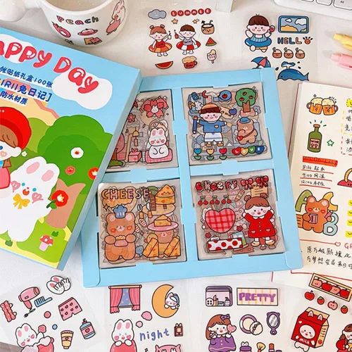 Miniatura 11 de Adhesivos de osos de dibujos animados kawaii lindos - 100 hojas, conejo transparente, suministros de PET para diario, calcomanías para calendario