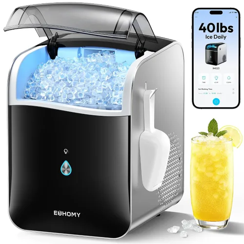 EUHOMY Máquina inteligente para hacer hielo con pepitas para encimera, máquina de hielo de guijarros con control de aplicación/Alexa, 40 libras/24