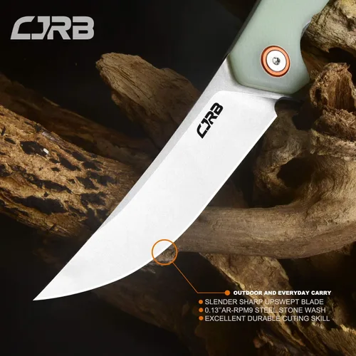 Miniatura 2 de CJRB Cuchillo de bolsillo plegable pequeño con hoja de acero en polvo Stonewash AR-RPM9 y mango G10 cuchillo táctico para hombres y mujeres, EDC al