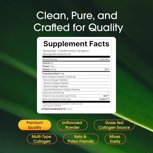 Miniatura 3 de Polvo de proteína de colágeno múltiple 600g - 5 tipos (I, II, III, V, X) alimentado con pasto y criado en prados con biotina 5000mcg, vitamina C