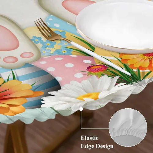 Miniatura 3 de Mantel Ajustable con Cola de Conejo de Pascua para Mesa Redonda, Cubierta de Mesa de Tulipán y Huevo de Primavera con Borde Elástico Impermeable