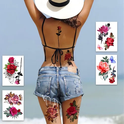 Miniatura 3 de ROARHOWL Impresionantes tatuajes temporales de rosas para mujeres, conjunto de tatuajes de gran tamaño (rosa 1)