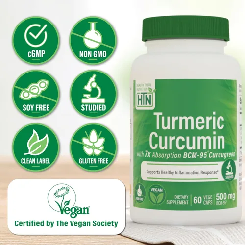 Miniatura 3 de Health Thru Nutrition Suplemento de complejo de curcumina de cúrcuma de 500 mg como BCM-95 Curcugreen clínicamente estudiado Certificado vegano