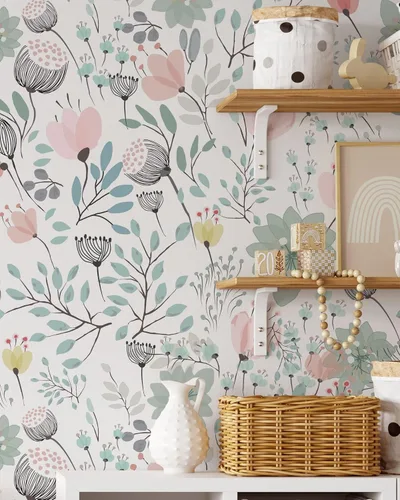 Papel tapiz floral pastel, papel tapiz botánico autoadhesivo extraíble, papel tapiz floral para despegar y pegar (1 rollo de 24 pulgadas de ancho x