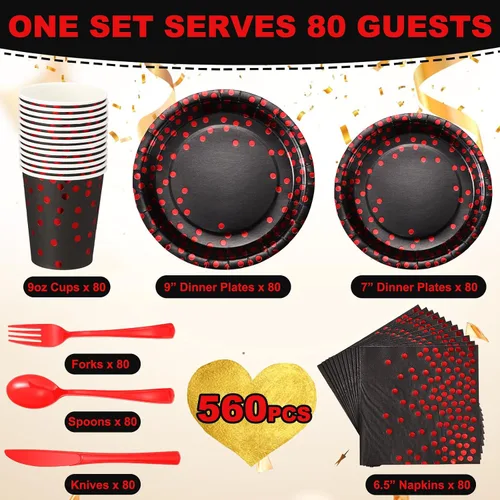Miniatura 2 de Sieral 560 piezas de suministros de fiesta negros y rojos para 80 invitados, juego de vajilla desechable con platos de papel negro y rojo