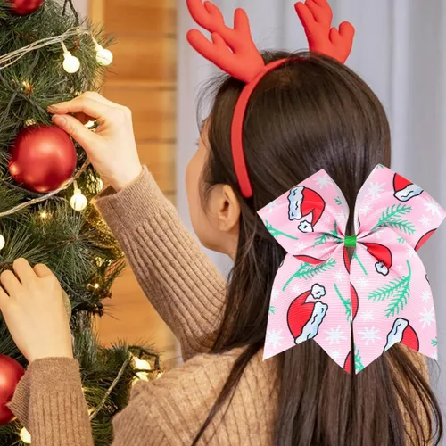 Miniatura 3 de Pajaritas de pelo de animación de Navidad con cinta elástica de grogrén impresa de Navidad de 7 pulgadas, soporte para cola de caballo de muñeco