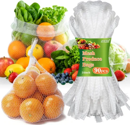 Miniatura 8 de Sukh 90 bolsas de malla para productos – Bolsas de malla para verduras de 24 pulgadas, red de almacenamiento de cebolla, red de mariscos para Rojo