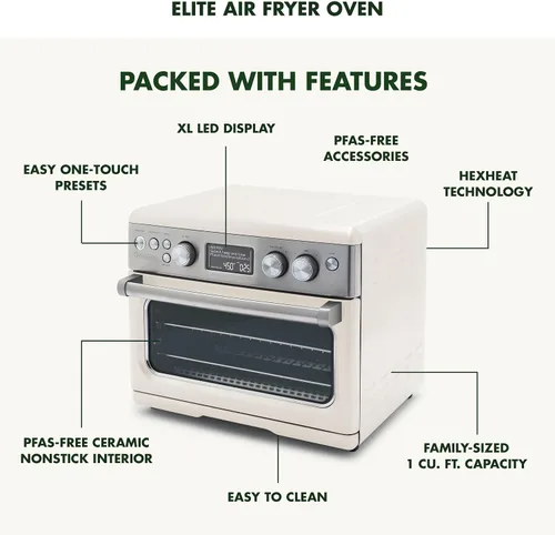 Miniatura 5 de GreenPan Horno de convección Elite 13 en 1 y freidora de aire, bandeja de cerámica sin PFAS y bandeja para pizza, estantes ajustables, ajustes Crema