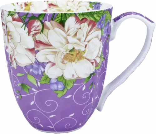 Taza de café de porcelana de hueso de 14 onzas, taza de café con diseño floral, taza de té para mujeres, mamá, amiga (morado romántico)