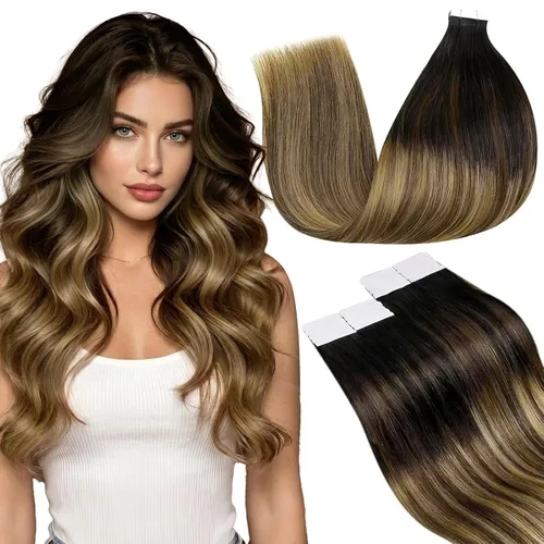 Miniatura 32 de LaaVoo Extensiones adhesivas de cabello humano real, color negro azabache, extensiones de cabello humano liso y sedoso, 10 pulgadas, 20