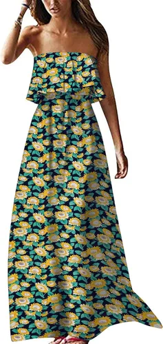 ZMPSIISA - Vestido largo de verano con hombros descubiertos para mujer vestido largo sin tirantes, con volantes, color azul y blanco estilo bohemio,