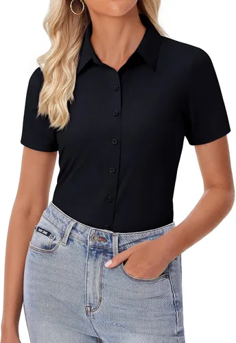Miniatura 19 de siliteelon Camisa de vestir con botones para mujer, ajustada, elástica, de manga corta, sin arrugas, sólida, formal, para el trabajo