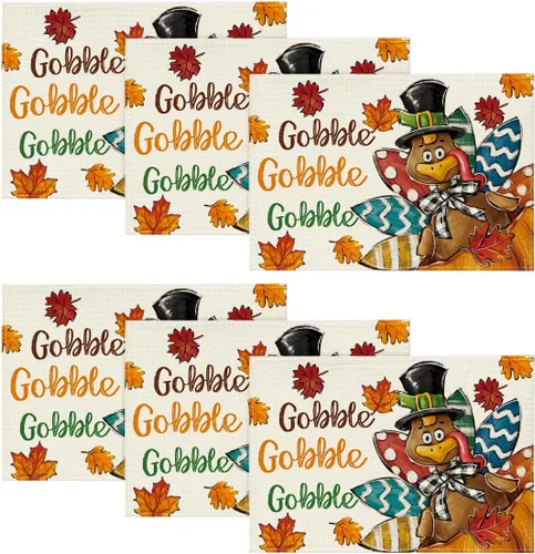 Artoid Mode Gobble - Juego de 6 manteles individuales de pavo y hojas de arce de Acción de Gracias, 12 x 18 pulgadas, para decoración de fiestas,