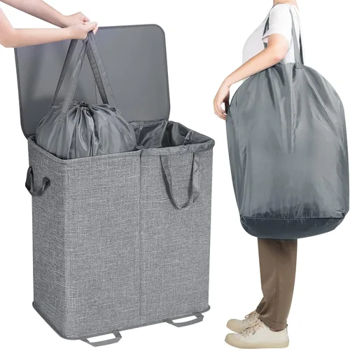 Miniatura 4 de Lifewit - Cesta de lavandería doble con tapa y bolsas de lavar extraíbles, cesta grande plegable con 2 divisores para ropa sucia, con asas para Gris
