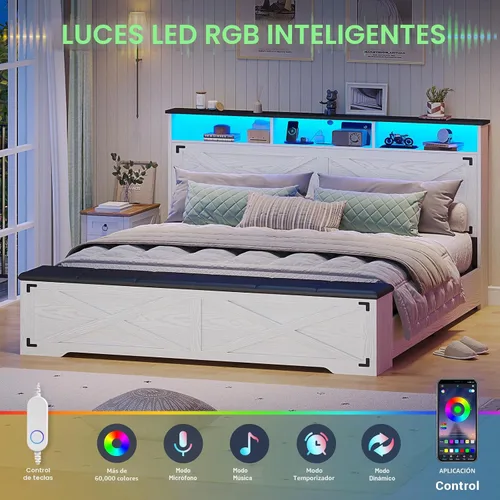 Miniatura 5 de Hasuit - Marco de cama tamaño queen con otomano de almacenamiento, marco de cama estilo granja con estación de carga y luz LED, cabecero con estante