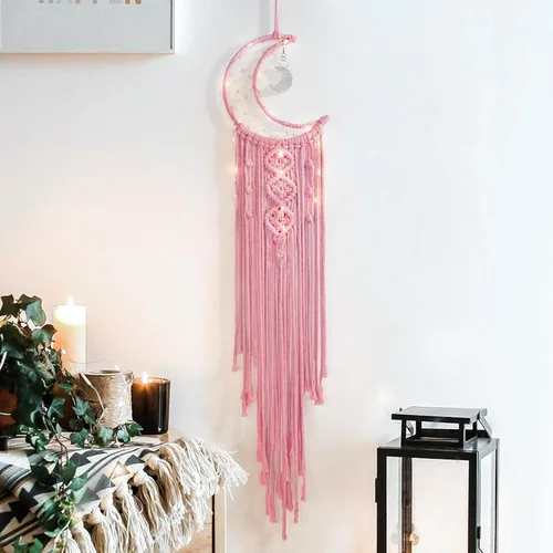 Miniatura 13 de ANROYE Colgante de pared tejido de macramé bohemio, crochet, luna creciente, estrella, atrapasueños con borla larga, algodón verde, hecho a mano