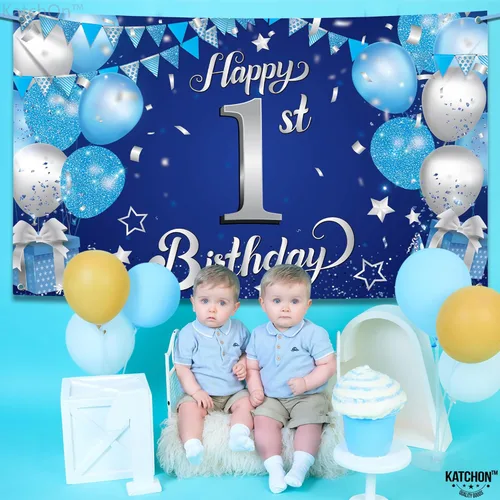 Miniatura 5 de KatchOn, Cartel de feliz primer cumpleaños para niño, 72 x 44 pulgadas, Xtralarge, telón de fondo azul y plateado para el primer cumpleaños