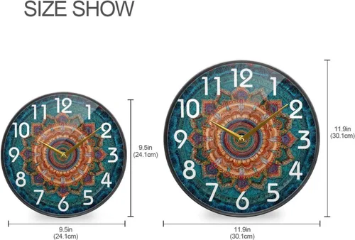 Miniatura 2 de Naanle Vintage Mandala Pattren Reloj de pared redondo, 12 pulgadas, silencioso, de cuarzo, analógico, silencioso para el hogar, oficina, escuela
