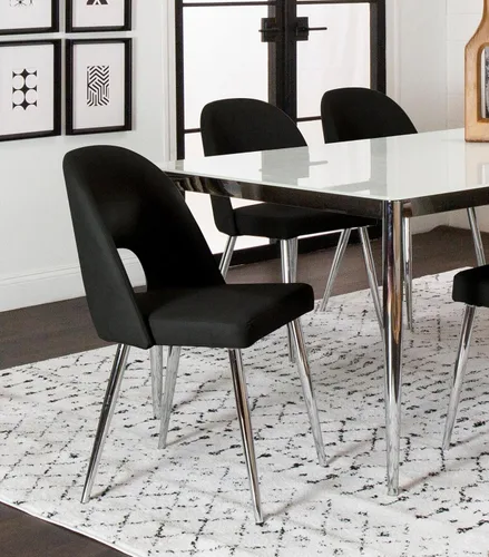 Miniatura 4 de Sunset Trading Mia - Silla de comedor de piel sintética Patas cónicas plateadas de cromo pulido Asiento acolchado negro con respaldo abierto