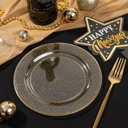 Miniatura 5 de Liacere 100 platos de plástico dorados, platos desechables de purpurina dorada para aperitivos, platos de ensalada/postre de plástico de alta