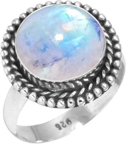 JEWELOPORIUM 925 Sterling Silver Ring for Women Size 10.5 White Genuine Rainbow Moonstone Stone Vintage Silver Ring Engagement Gift Solitaire Jewelry