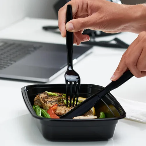 Miniatura 5 de GUSTO Tenedores de plástico negro resistentes [100 unidades] Cubiertos desechables para fiestas, eventos y uso diario (anteriormente Comfy Package)