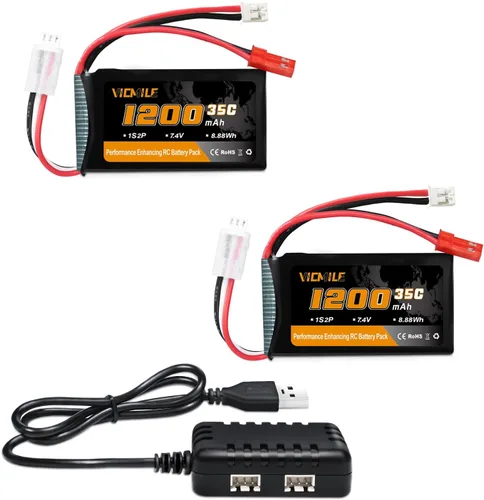 Batería SCX24 7.4V 1200mAh Lipo Batería 2S 35C (Burst 70C) con PH2.0 JST Plug con 1TO2 Cargador USB apto para SCX24 RC Car WLtoys A949 A959 A969