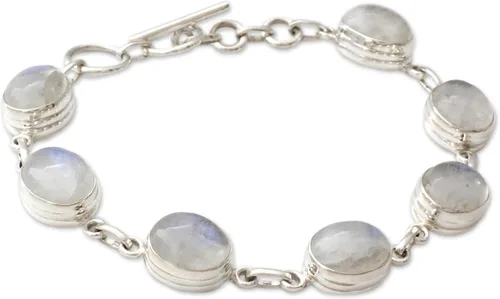 Miniatura 2 de NOVICA Pulsera de eslabones de plata de ley 925 con piedra lunar arcoíris 'Misterios', piedra de luna