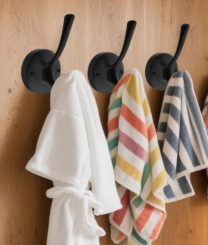 Miniatura 2 de TOFIIGREM Ganchos de pared negros para toallas, paquete de 3 ganchos para abrigos, ganchos para bata, gancho de metal resistente, doble gancho