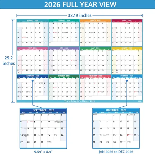 Miniatura 5 de Calendario anual de pared 2026, calendario anual grande 2026, enero 2026 - diciembre 2026, 25.2 x 38.2 pulgadas (abierto), calendario 2026