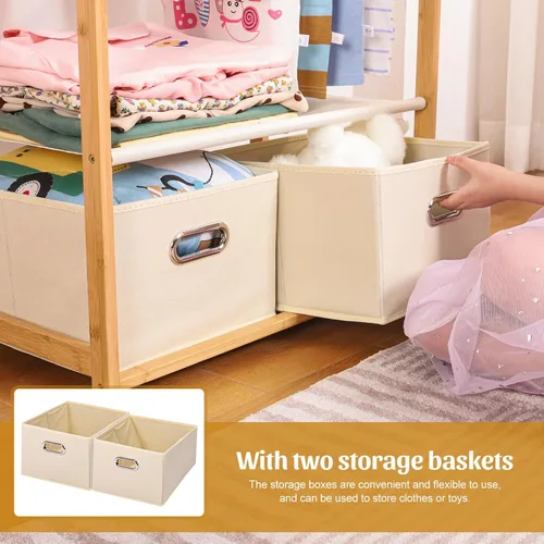 Miniatura 4 de Perchero de bambú para niños con 2 cestas de almacenamiento y 2 varillas ajustables para colgar, soporte para ropa infantil con estante, estantes